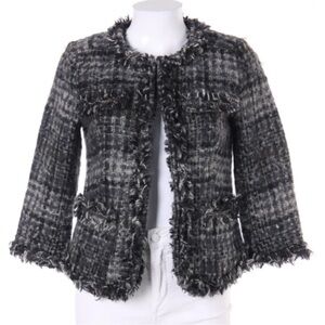 JOE FRESH BLACK/GREY WOOL BLEND TWEED MIX SILVER ACCENTS FRINGE BLAZER SIZE 6